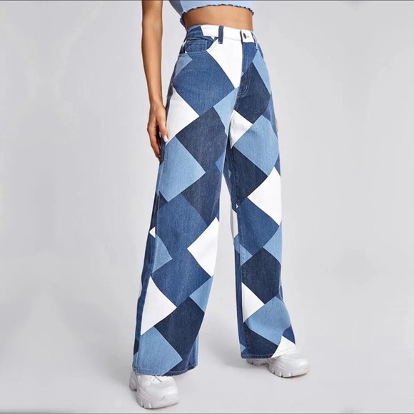 Diamond Patchwork Jesns Wide-Leg Denim – Statement Edition - Picture 12 of 14